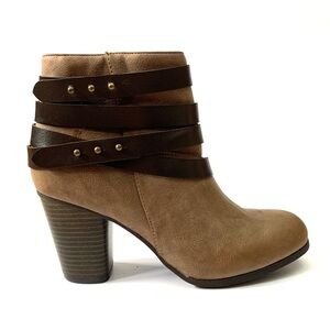 Brown vegan zip up stacked heel booties NWOT